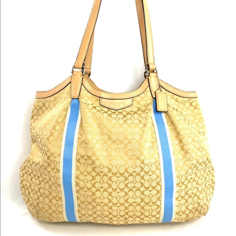 COACH Devin F26131 Khaki Tan Signature Blue Stripe Jacquard Shoulder Bag Purse